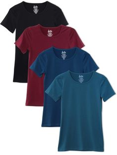 PRICES MAY VARY. 4 Pack Classic Scoop Neck Tee for Women Longer Length - Great for Layering or Extra Coverage Scoop Dip is "Classic" - Not Super Deep - Just More Open a Dipping than a Crewneck Slightly Longer Arms - Giving a Flattering Sleeve Cut Fitted Cut - Close to Body Fit - Ideal for Layering or Tighter Wear Looks The Kalon Base Layer Scoop Neck T-shirt for Women is made with extra length and a fitted cut. Thick enough to wear on its own - fitted enough for layering. A classic scoop neck cu Scoop Neck Tee, Basic Shirts, Tees For Women, T Shirt For Women, Tunic Length, Staple Pieces, Base Layer, Neck T Shirt, V Neck T Shirt