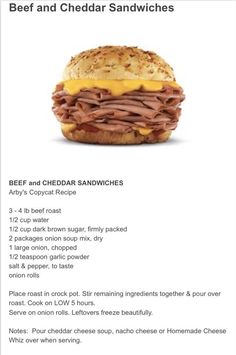 a menu for a sandwich with beef and cheddar sandwiches