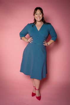 The Joanie Dress is our simple little knit dress - Super Soft and Stretchy with an elasticized waist and faux surplice wrap - 3/4 Sleeve - Easy fit and true to size- go by your normal measurements. - 95/5 Cotton/Spandex Blue Casual Dress With 3/4 Sleeves, Blue Cotton Dress With Gathered Sleeves, Blue Cotton Dress With 3/4 Sleeves, Blue Midi Dress With 3/4 Sleeves For Work, Blue Non-stretch Denim Dress With Short Sleeves, Navy Stripes, Cotton Spandex, Knit Dress, Navy