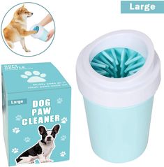 the dog paw cleaner is being used to clean his paws