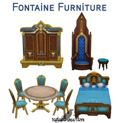 an assortment of furniture including a bed, table and chairs with blue upholstered cushions