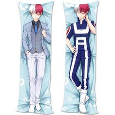 two pillows with anime characters on them, one in blue and the other in white