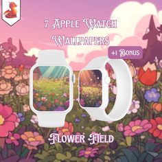 the flower field is shown with two different images on it, and there are flowers in the background