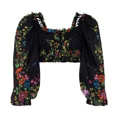 Charo Ruiz Ibiza Hince Floral Print Cropped Top Brand New With Tags Size Medium Can Fit A Small Also Black/Multicolour Cotton Blend All-Over Floral Print Cropped Square Neck Long Puff Sleeves Can Be Worn Off The Shoulders Or On Black Floral Print Beachwear Tops, Black Floral Print Vacation Blouse, Black Floral Print Festival Blouse, Black Floral Print Festival Tops, Black Floral Print Top For Festival, Black Floral Print Blouse For Festival, Charo Ruiz Ibiza, Cotton Lace Tops, Charo Ruiz