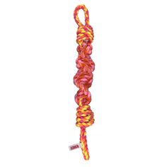 a red and yellow rope with a white tag on it