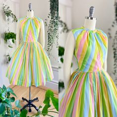 ♡ PLEASE ENLARGE PHOTOS FOR MORE DETAIL ♡ D E T A I L S * early 1960s dress  * fit + flare shape * lightweight textured nylon * striped in pink, yellow, green, blue, white * gathered high neckline * fitted waist * pleated full skirt * metal back zipper + hook/eye closure * bodice lined in acetate, skirt is unlined * label: no tag present M E A S U R E M E N T S fits like a: x-small bust: 33" waist: 23.5-24" hips: free length: 40" bodice length: 15" skirt sweep: 101" C O N D I T I O N Excellent vintage condition. No issues to note! Freshly cleaned and ready to wear! ➳ Please read store policies prior to purchase. Thank you!! xoxo, Allyson ♥ Visit the shop! http://www.birthdaylifevintage.etsy.com ♥ Follow on Instagram! @birthdaylifevintage http://instagram.com/birthdaylifevintage 60s Vintage Fashion, 60 Dress, 60s And 70s Fashion, Fashion 1960s, 1960s Dress, 1960's Dress, 1960s Fashion, 60s Fashion, Day Dress