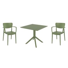 three green chairs and a table on a white background