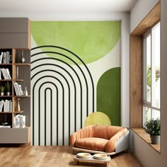 a living room with a chair and bookcases in front of a wall mural