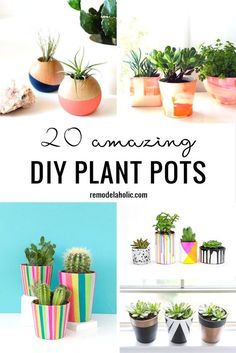 some potted plants that are on top of a white table with the words 20 amazing diy plant pots