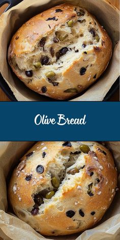 olive bread in a cast iron skillet with text overlay that says olive bread