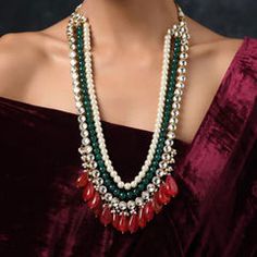 Gold Rodium Polish Red and Maroon color Necklace in Metal Alloy studded with Kundan Red Long Necklace For Festive Occasions, Maroon Necklace, Color Necklace, Metal Necklace, Maroon Color, Gold Set, Metal Necklaces, Red, Gold