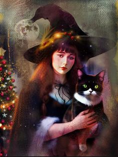 a painting of a woman holding a cat in front of a christmas tree with lights