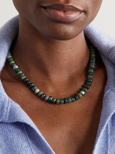 JIA JIA's necklace is hand-strung with 180.00-carats of moss agate - each bead is slightly different, with lush shades of green and beige, making it truly unique. It has an adjustable gold chain you can switch between 16- to 18-inches. Green Moss Agate Round Bead Necklaces, Green Moss Agate Round Bead Necklace, Agate Necklace, Moss Agate, Net A Porter, Shades Of Green, Women Collection, Gold Chain, Gold Chains