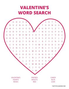 valentine's word search is shown in the shape of a heart