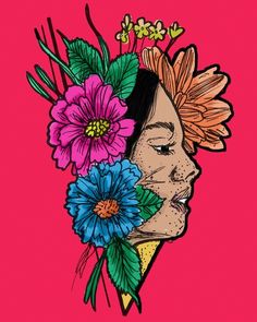 a woman's face with flowers in her hair on a pink background and the words,