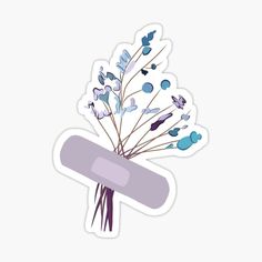 a purple sticker with blue flowers and leaves on it's side, in front of a white background