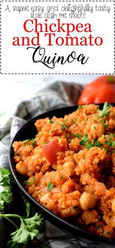 chickpea and tomato quinoa in a black bowl with parsley on the side