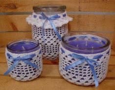 Thread Candle Holders Crochet Pattern - Maggie's Crochet Crochet Candle Holder Pattern, Crochet Candle Holder, Crochet Candle, Crochet Jar Covers, Jar Covers, Mason Jar Projects, Bottle Covers, Candle Sleeves, Knit Projects