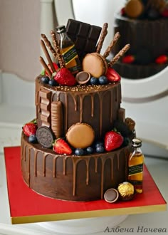 a three tiered cake with chocolate icing and fruit