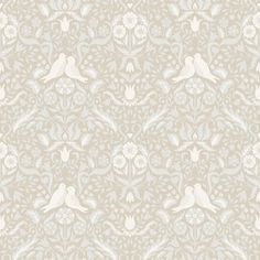 a beige and white wallpaper with birds on the top, in an ornate pattern