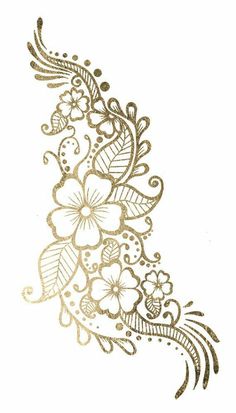 a gold henna tattoo design with flowers and leaves on the bottom half of it