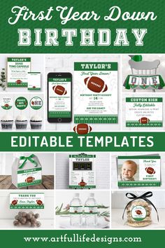 First year down football birthday party templates. Football 1st Birthday Party, Football Theme Birthday, Football First Birthday, Football Party Decorations, Football Graphics, Football Theme Party, Football Birthday Party, Football Theme, Birthday Party Printables