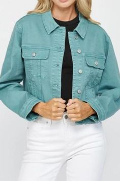 Add a touch of sophistication to your wardrobe with our Light Teal Denim Jacket. Crafted from stretch denim, this jacket offers a comfortable fit that is true to size. The dark seafoam color and raw hem add a touch of luxury, making it the perfect addition to any outfit. Seafoam Color, Style Moodboard, Denim Dresses, Trendy Handbags, Light Teal, Stretch Denim, Denim Jacket, Comfort Fit, Shop Now