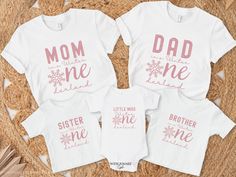 three t - shirts with the words mom, dad and me printed on them in pink