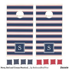 two navy and red striped cornhole tossers with the letter s on each side