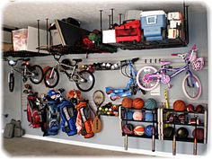 there are many bikes and other items on the wall