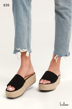 Kick up a good time in the Lulus O'Ahu 2 Black Suede Espadrille Platforms! A wide, black vegan suede toe strap shapes a peep-toe upper atop a slide-on silhouette and 1.75"" toe platform. 2. 25" espadrille wrapped heel. Cushioned insole. Rubber sole has nonskid markings. All vegan friendly, man-made materials. Imported. Lulus | O'Ahu 2 Black Suede Espadrille Flatforms | Vegan Friendly. Beach Slip-on Platform Espadrilles, Synthetic Platform Slip-on Espadrilles, Black Open-heel Platform Slippers For Summer, Black Platform Slip-on Footbed Sandals, Espadrilles Slides, Black Espadrille-style Wedge Sandals With Platform, Espadrilles Platform, Platform Slides, Platform Espadrilles