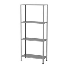 a metal shelving unit with three shelves on each side and one shelf above the other