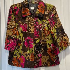 Beautiful Lined Flowery Fun Button Down Jacket. Hard To Show The Details. 3/4 Length Sleeves. From Smoke Free Home. Spring Outerwear With Button Closure And 3/4 Sleeve, Multicolor Collared Spring Outerwear, Collared Multicolor Spring Outerwear, Multicolor Button-up Outerwear For Spring, Collared Floral Print Fall Outerwear, Collared Floral Print Outerwear For Fall, Chic Pink Floral Print Outerwear, Pink Long Sleeve Blazer With Floral Print, Spring Multicolor Outerwear With Button Closure