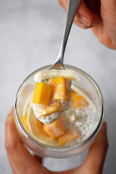 a person holding a spoon with some fruit in it