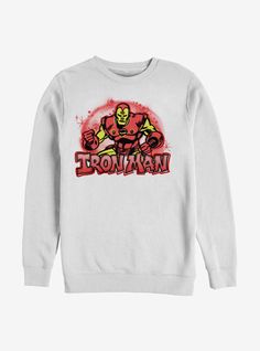 Marvel Iron Man Airbrushed Crew Sweatshirt Winter Athletic Heather Top With Graphic Print, Sporty Fleece T-shirt With Graphic Print, Winter Sports Top With Screen Print, White Moisture-wicking Crew Neck Sweatshirt, Fan Apparel Crew Neck Sweatshirt With Sublimation Print, Fan Apparel Sweatshirt With Sublimation Print, Geek Clothes, Black Widow Marvel, Marvel Iron Man