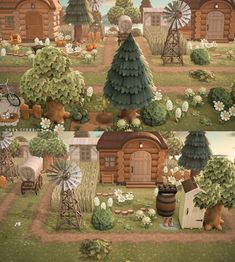 an image of a farm scene with animals and flowers in the yard, along with other small houses