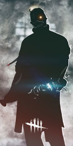 the silhouette of a man holding a knife in his hand and wearing a mask with glowing eyes