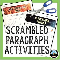 a pair of scissors with the words scrambled paragraph activities in front of it and below