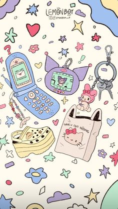 an image of a cell phone and other items on a white background with stars around it