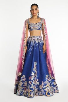 Electric blue lehenga with gota, sequin, zari thread embellishment in floral applique pattern. Paired with sweetheart neck blouse and contrast dupatta. - Aza Fashions Aisha Rao, Sweetheart Neck Blouse, Contrast Dupatta, Sangeet Outfit, Blue Lehenga, Applique Pattern, Floral Applique, Sweetheart Neck, Raw Silk