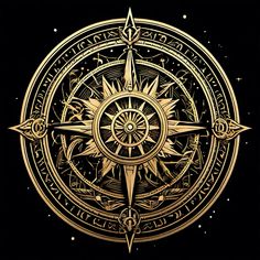 a golden compass on a black background