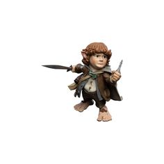 a figurine of a boy holding a knife and wearing a brown outfit with long hair