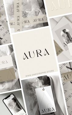 an array of white and gray business cards with the word aura on them, surrounded by other images