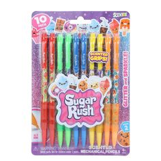 a package of sugar rush colored pencils with different colors and designs on the packaging