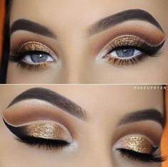 Gold Eye Shadow, Crease Eyeshadow, Glittery Eyeshadow, Make Up Designs, Cut Crease Eyeshadow, Cut Crease Eye, Behind Blue Eyes