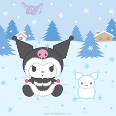 a cartoon character is sitting in the snow next to a small cat and dog,