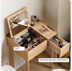 an open wooden vanity table with makeup and other items in it, labeled to describe