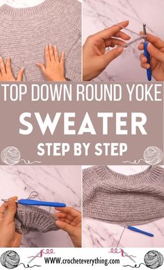 How To Crochet Top Down Round Yoke Sweater Step By Step Tutorial Crochet Circular Yoke Sweater, Crochet Round Neck Sweater, Yoke Down Crochet Sweater, Top Down Knitted Sweaters Free Pattern, Round Yoke Crochet Pattern, How To Crochet Sweater Step By Step, Free Crochet Sweater Patterns Easy, Knit Top Down Sweater Free Pattern, Easy Crochet Sweater Pattern Free Simple