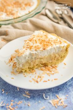 a piece of coconut cream pie on a white plate