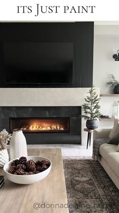 a living room with a fire place and couches